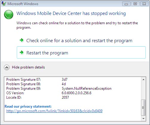 Windows Mobile Device Center: Crash log when CE .net connects